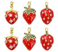 Clotiry Lot de 6 pendentifs en forme de fraise en laiton émaillé avec strass imitation fruits pour fabrication de bijoux et travaux manuels