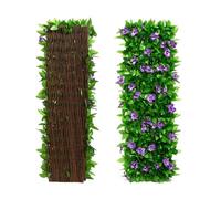 Clôture artificielle de 30 x 150 cm, écran d'intimité pour jardin, treillis extensible à fausses feuilles vertes, clôture de jardin extensible avec lierre artificiel et fleur violette (1 pièce)