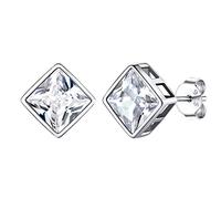 Clou d Oreille Zircon Pierre Blanc Boucle d'Oreille Strass Zirconium Argent 925 Silver Earring Petit Carré: 7 * 9mm Bijoux Cadeau Fête des Mères Mariage Valentin Noël
