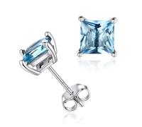 Clou d'Oreilles pour Femme - Boucle d’oreilles Puces en Argent 925 avec Cristaux Aiguemarine Bleu Claire Pierre Carré Diamètre 6 mm Brillante Bijoux Cadeaux d'Anniversaire pour Femmes Filles Elle