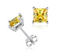 Clou d'Oreilles pour Femme - Boucle d’oreilles Puces en Argent 925 avec Cristaux Topaze Jaune Pierre Carré Diamètre 6 mm Brillante Bijoux Cadeaux d'Anniversaire pour Femmes Filles Elle
