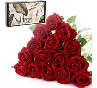 Cloudecor Lot de 15 petites roses artificielles en velours au toucher réaliste à tige unique pour arrangements floraux réalistes pour maison, bureau, fête, mariage (roses nacrées, rouge 15p)