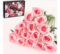 Cloudecor Lot de 15 Roses artificielles en Soie réaliste au Toucher réaliste pour Bouquet de mariée, décoration de Maison, Bureau, fête, Mariage (Rose)