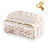 CLOUDEMO Grand Capacité Casiers à Crayons, 3 Compartiments, Organisateur de Crayons Kawaii pour Femmes et Filles (Beige)