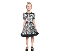 Cloudkids Costume de tête de mort pour enfant robe Fille squelette Enfants squelette déguisement Manches Courtes pour cosplay Halloween Carnaval Fête à Thème 4-6 ans