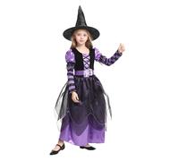 Cloudkids Costume Déguisement de Sorcière Fille - Robe de Déguisement Halloween avec Chapeau et Ceinture Enfant Carnaval Cosplay (7-9 ans)