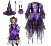 Cloudkids Déguisement Halloween Fille Lumineux Costume Sorcière Enfant Cosplay Carnaval Spectacle (10-12 ans)