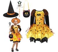 Cloudkids Déguisement Halloween Fille Lumineux Costume Sorcière Enfant Robe+Chapeau+Baguette Magique+Sac à Bonbon Cosplay (2-3 ans)