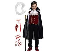 Cloudkids Déguisement Vampire Garçon Costume Halloween Cosplay Déguisement Comte Enfant Gothique Carnaval Soirée (Vêtements+Canne, 7-9 ans)