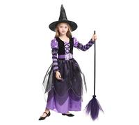 Cloudkids Hexenkostüm Mädchen - Halloween-Kostümkleid mit Hut und Gürtel Kinder Karneval Cosplay Kostüm+Besen (4-6 Jahre)