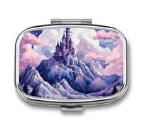 Clouds Over The Castle Pilulier portable à 2 compartiments - Pilulier carré pour poche, sac à main, récipient à médicaments quotidien pour contenir des vitamines, de l'huile de poisson - Cadeau de