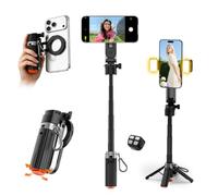 CloudValley Trépied Selfie Stick Magnétique Mini avec 2 Lumières | Trépied Téléphone 4-en-1 Poche, Rotation 360°, Télécommande Bluetooth avec Zoom Amovible, pour iPhone Android Vlog Vidéo