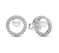 Clous d'oreilles PANDORA Perle de Culture d'Eau Douce Traitée et Halo Pavé