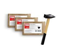 Clous TOX Bildernagel Classic 3 tailles + marteau serrurier 300g. Acier trempé, tête laiton, emballage recyclable. Tailles 2,0x25/30/50mm, 20 pcs chacun, réf. 063909003.