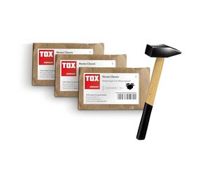 Clous TOX Bildernagel Classic 3 tailles + marteau serrurier 300g. Acier trempé, tête laiton, emballage recyclable. Tailles 2,0x25/30/50mm, 20 pcs chacun, réf. 063909003.
