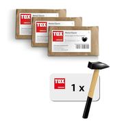 Clous TOX Bildernagel Classic en 3 tailles avec marteau 300g. Acier trempé, tête laiton, emballage papier recyclable. Tailles 2,0x20/25/30mm, 20 pcs chacun, réf. 063909001