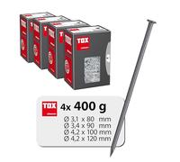 Clous TOX en 4 tailles avec tête fraisée, kit pour assemblages simples en bois et surfaces planes - 3,1 x 80/3,4 x 90/4,2 x 100/4,2 x 120 mm - acier brut, 400 g par carton, 063909007