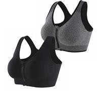 CLOUSPO Soutien-gorge de sport post-chirurgie, fermeture éclair sur le devant, sans fil, avec coussinets amovibles, soutien-gorge de yoga pour entraînement fitness, Gris + noir., XL