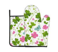 Clover Butterfly Ensemble de gants de cuisine et maniques résistants à la chaleur Motif feuilles vertes