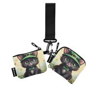 Clover Cat Lot de 2 portefeuilles amovibles pour femme avec poche zippée pour le travail et les voyages Motif chat Vert, Trèfle vert St. Patrick, 1 size, Art déco
