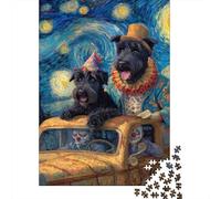 Clown Dogs in Starry Night Car Puzzles 1000 Pieces Cadeau Unique Jeu Éducatif Challenge Toy À De Qualité Supérieure Peinture Art pour Adultes Et Enfants 70x50cm/1000pcs