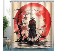 CLOXKS Rideau de Douche Samouraï Japonais Rideau Baignoire Peinture à l'encre de Chine Rideau de Bain étanche avec Crochet 180x200cm