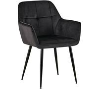 CLP Chaise salle à manger Emia – en velours noir, accoudoirs, piètement métal, boutons décoratifs