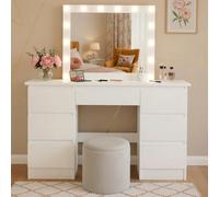 CLP Coiffeuse Duffy avec éclairage et Miroir, Miroir Hollywood avec lumière LED réglable en intensité avec 3 Couleurs de lumière, 7 tiroirs, Couleur:Blanc