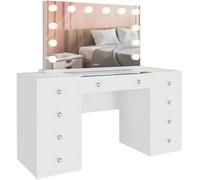 CLP Coiffeuse Tiline Miroir Hollywood Éclairage LED 9 Tiroirs Plateau Verre Prise USB Blanc