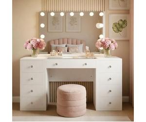 CLP Coiffeuse Tiline Miroir Hollywood Éclairage LED 9 Tiroirs Plateau Verre Prise USB Blanc