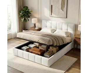 CLP Lit rembourré avec Rangement Ladia, Cadre pour Matelas, sommier à Lattes avec mécanisme de Levage, lit Double avec revêtement en Tissu, Couleur:crème, Taille:160 cm