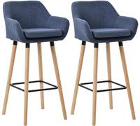 CLP Lot De 2 Tabourets De Bar Grant en Tissu I Chaises Hautes Assise Rembourrée Dossier Et Accoudoirs Pieds en Bois Et Repose-Pieds en Métal, Couleur:Bleu foncé