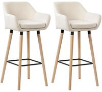 CLP Lot De 2 Tabourets De Bar Grant en Tissu I Chaises Hautes Assise Rembourrée Dossier Et Accoudoirs Pieds en Bois Et Repose-Pieds en Métal, Couleur:Beige