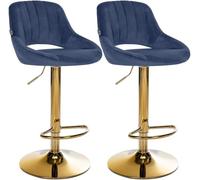CLP Lot de 2 tabourets de Bar Milet en Velours, Hauteur reglable, pivotants, avec dossiers Couleur Bleu Matériel du Cadre métal Or
