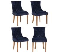 CLP Lot de 4 Chaises de salle à manger Aberdeen en Velours Piètement en bois d'hévéa , Bleu/Antique clair