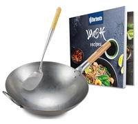 CLP Set wok en acier carbone I Fond plat ou rond pour gaz, induction et gril I Poêle wok avec poignée en bois, livre de recettes & spatule wok, Forme:rond