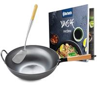 CLP Set wok en acier carbone I Fond plat ou rond pour gaz, induction et gril I Poêle wok avec poignée en bois, livre de recettes & spatule wok, Forme:plate