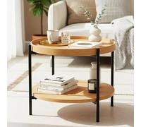 CLP Table Basse Ronde en Bois Corbitan, Table de Salon à 2 Niveaux avec Rangement, Petite Table d'appoint à Structure métallique Noire, Couleur:Nature, Taille:Ø 50 cm