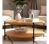 CLP Table Basse Ronde en Bois Edduma, Table de Salon à 2 Niveaux avec Rangement, Petite Table d'appoint, Structure en métal Noire, Couleur:Nature, Taille:Ø 80 cm