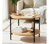 CLP Table Basse Ronde en Bois Edduma, Table de Salon à 2 Niveaux avec Rangement, Petite Table d'appoint, Structure en métal Noire, Couleur:Nature, Taille:Ø 50 cm