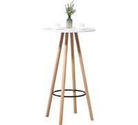 CLP - Table haute de bar Livia - Plateau rond, pieds en bois, repose-pieds métal - Nature/Blanc