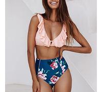 CLSDRZC Ensembles de Bikini à tête Haute à Volants à Floraux Roses Bleus