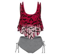 CLSDRZC Fashion Gothic Two Piece Bathing Suit Beachwear Stripe Print Mesh Padded Tankini Set Women Swimsuit