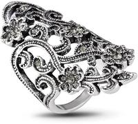 CLSDRZC Girl Products Graceful Antique Tibetan Silver Crystal Flower Rings for Women Vintage Jewelry Gray Crystal Big Ring Party Accessories Gifts