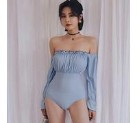 CLSDRZC High Waist Swimsuit One Piece Swimwear Women Long Sleeve Sun Bathing Suit Slim Korea Solid Polyester Surfer