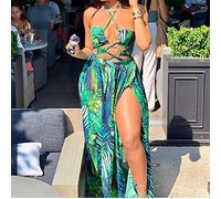 CLSDRZC Imprimer des Feuilles Vertes en Mousseline en Mousseline Longue Robe Femme licolaire Halte Partout Bikini de Maillot de Bain de Maillot de Bain Couverture Robe