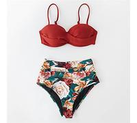 CLSDRZC Red and Floral Push Up High Waist Bikini Sets Swimsuit Two Pieces Swimwear Women Beach Bathing Suits