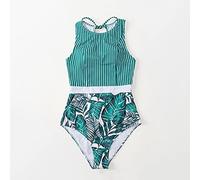 CLSDRZC Striped and Green Leaf One-Piece Swimsuit Women Cutout Bathing Suits Girl Beach Swimwear