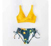 CLSDRZC Yellow and Lemon Print Mid-Waist Bikini Sets Swimsuit Women Lace Up Two Pieces Swimwear Beach Bathing Suits