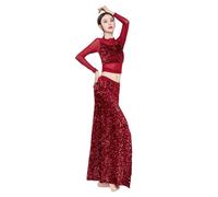 CLSQLXYJZC Ensemble Orientale Femme Halloween, Haut Extensible À Paillettes Et Élégant Jupe Longue Fendue Sur Le Côté Tenue De Danse Orientale Pour Halloween Ensemble Jupe D'entraînement(Red,XXL)